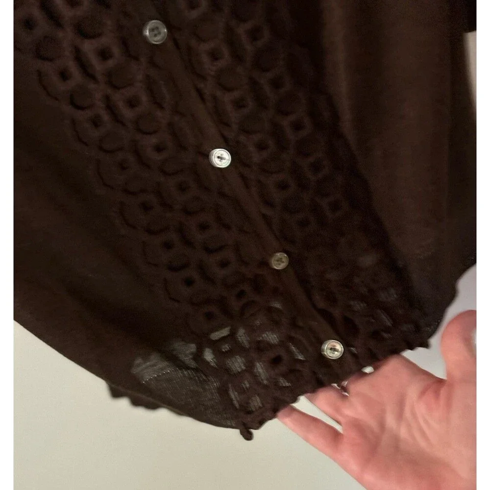 Tory Burch Cardigan Sheer Women’s Brown Silk Cashmere Blend Crochet Panel XL